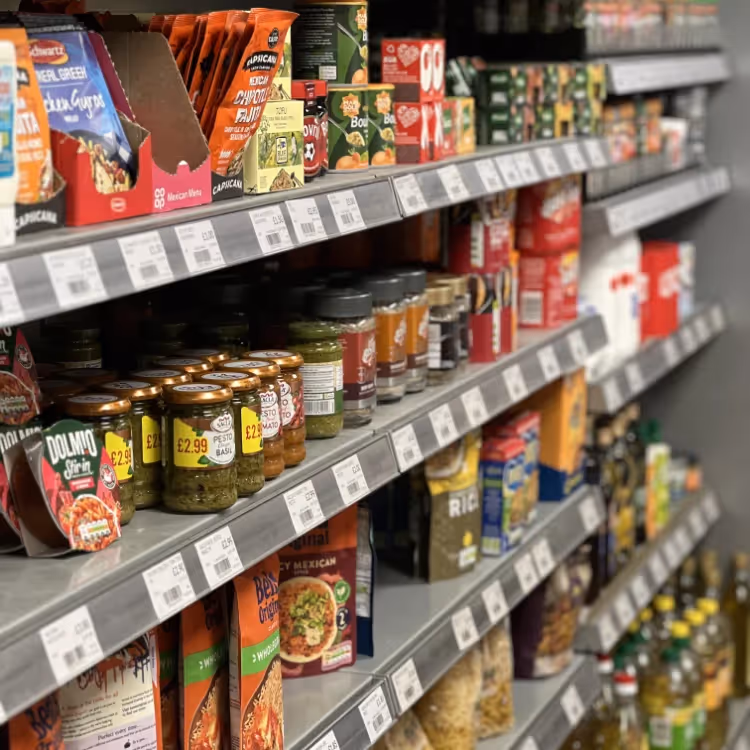 Packet food on display in a grocery store