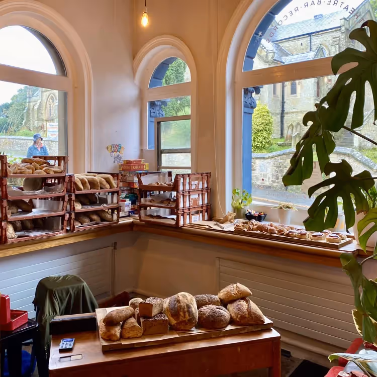 A bakery stall inside a building