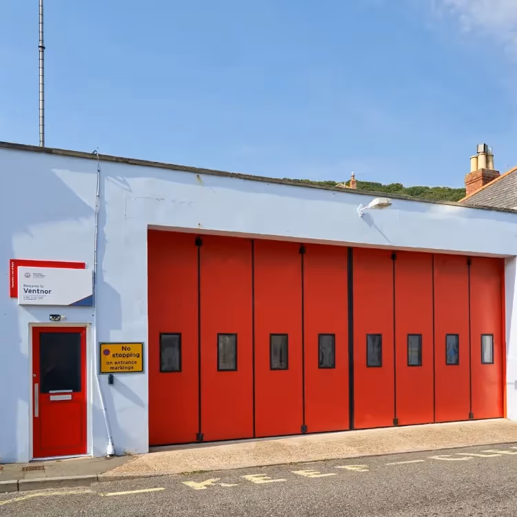 The entrance doors of a fire station