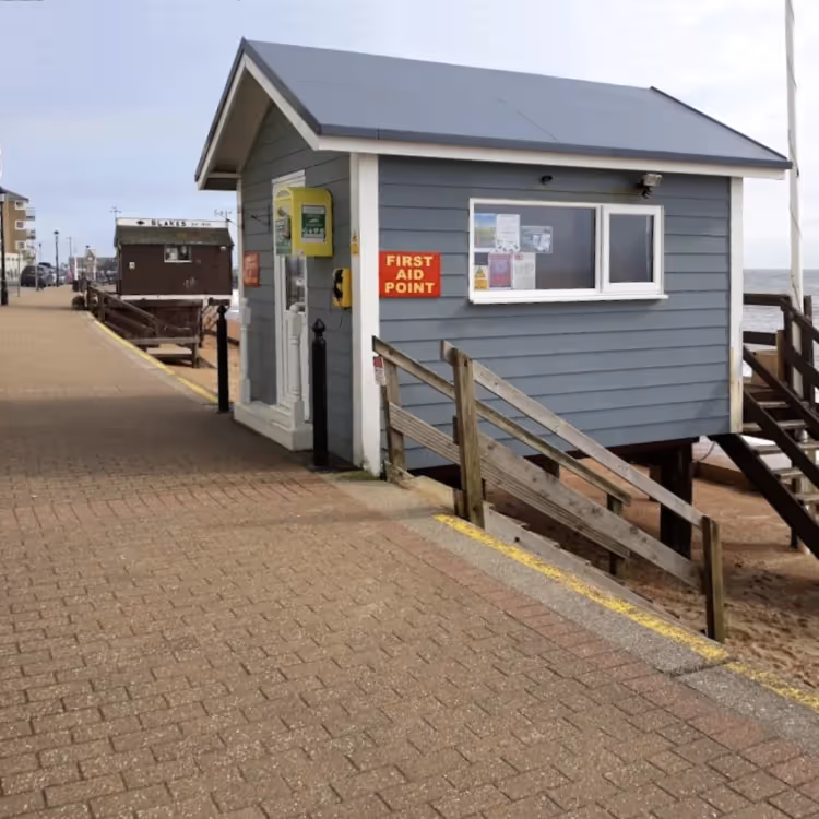 A first aid hut on a beach