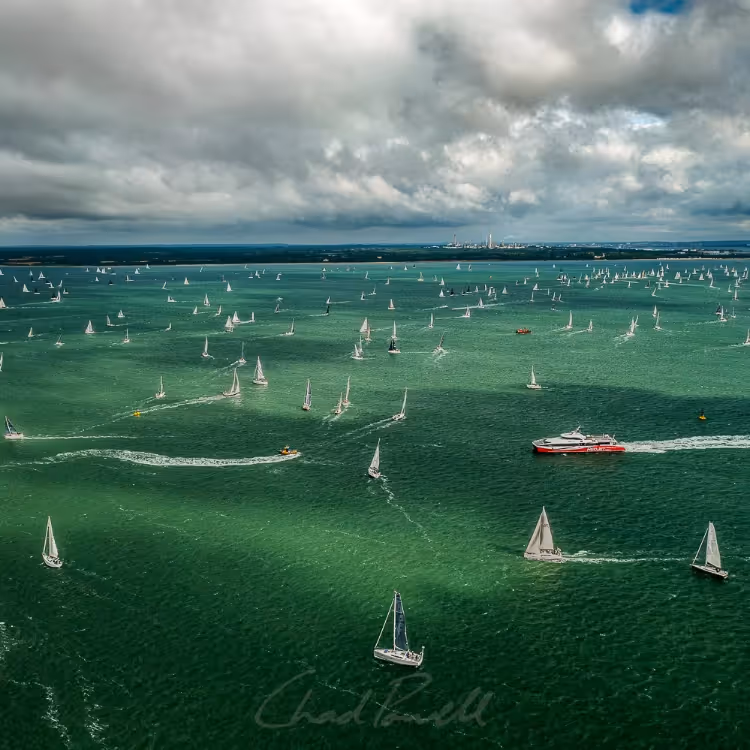 An aerial shot of a yacht race