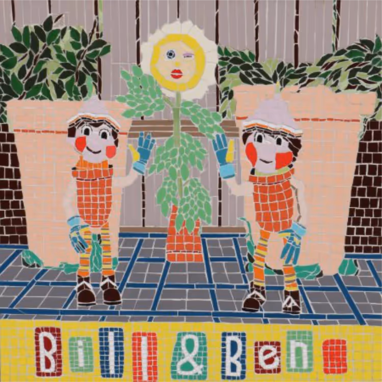 A mosaic panel depicting Bill and Ben the Flowerpot Men