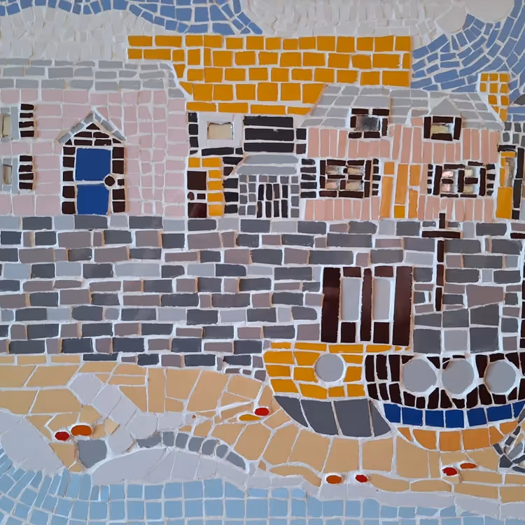 A mosaic panel depicting houses in a fishing cove