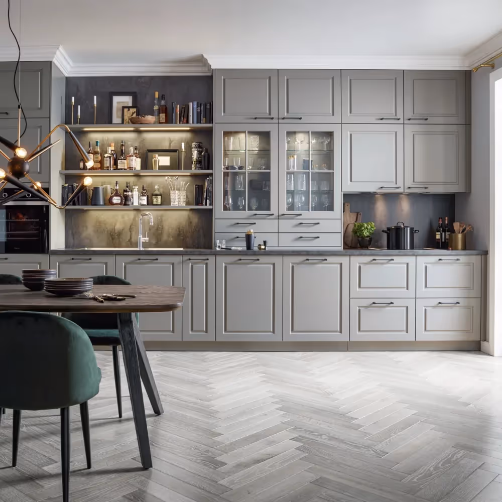 A grey shaker style kitchen