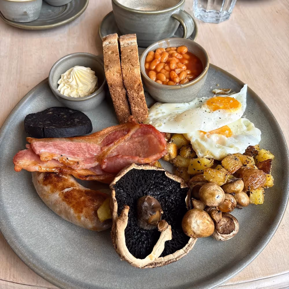 A full English breakfast on a plate