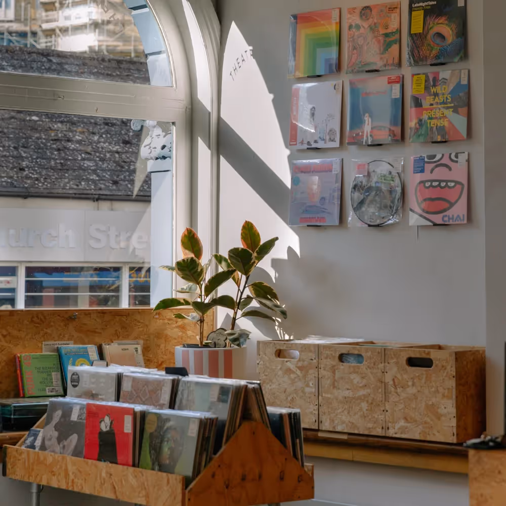 Vinyl records in boxes in a shop