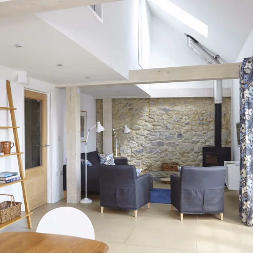 A living room in a converted barn