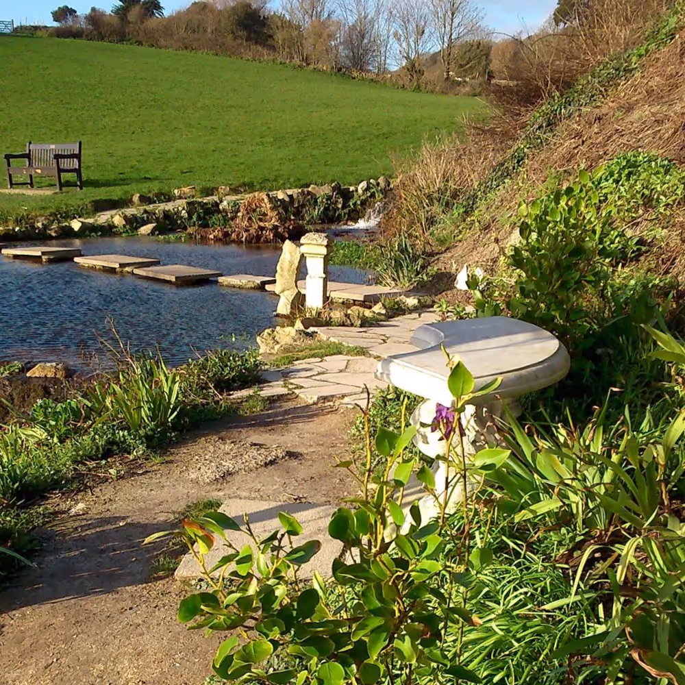 Stepping stones across a pond in a park