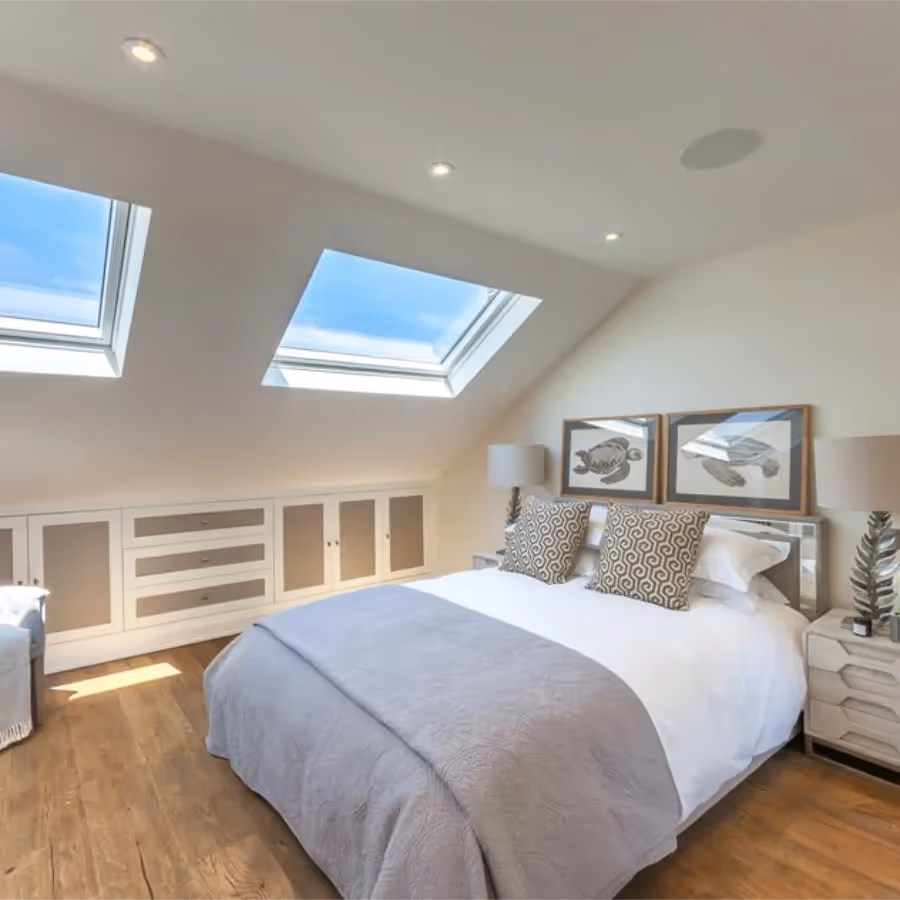 A modern bedroom with large roof windows