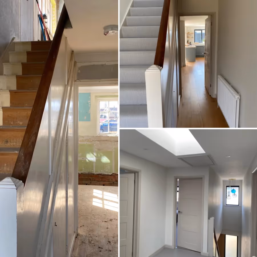A set of 3 photos showing the refurb of a hallway