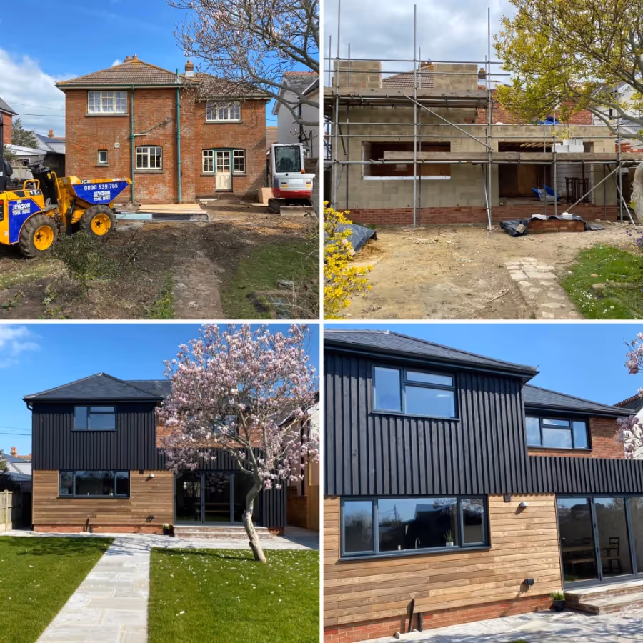 A set of 4 photos showing houses being built