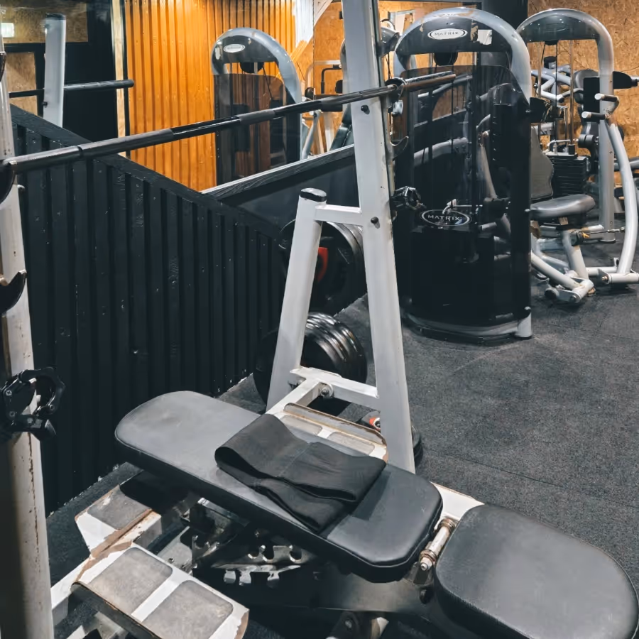 Weight lifting equipment in a gym