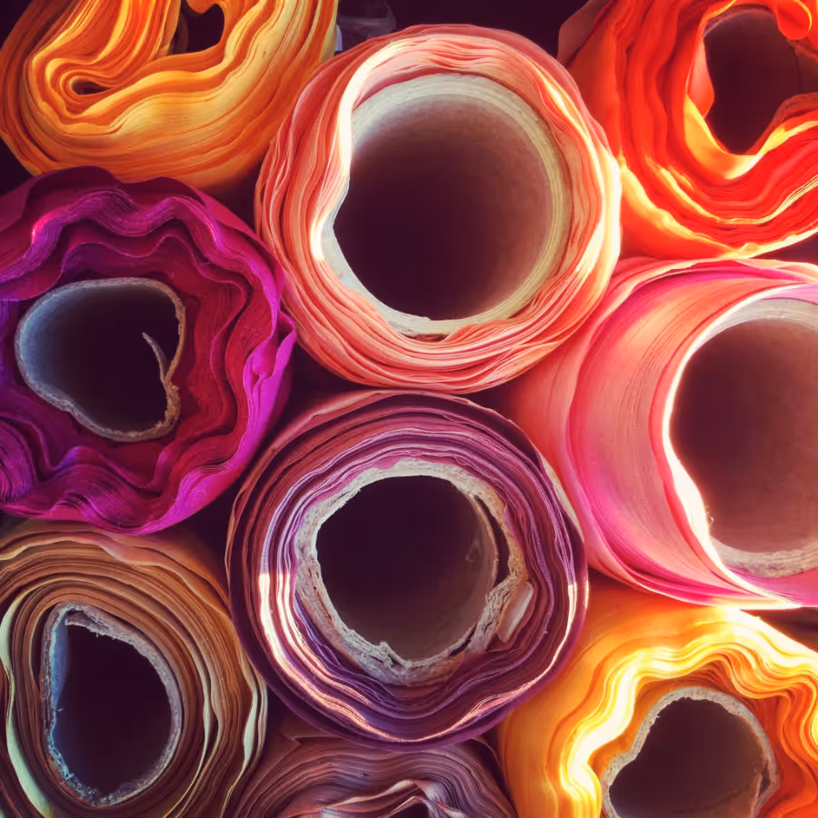 Rolls of colourful fabrics ready to be sewn