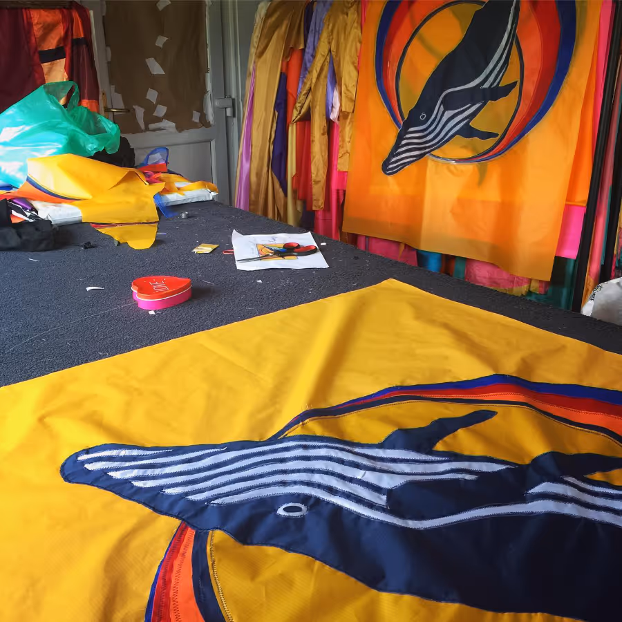 The studio of an artist making festival flags