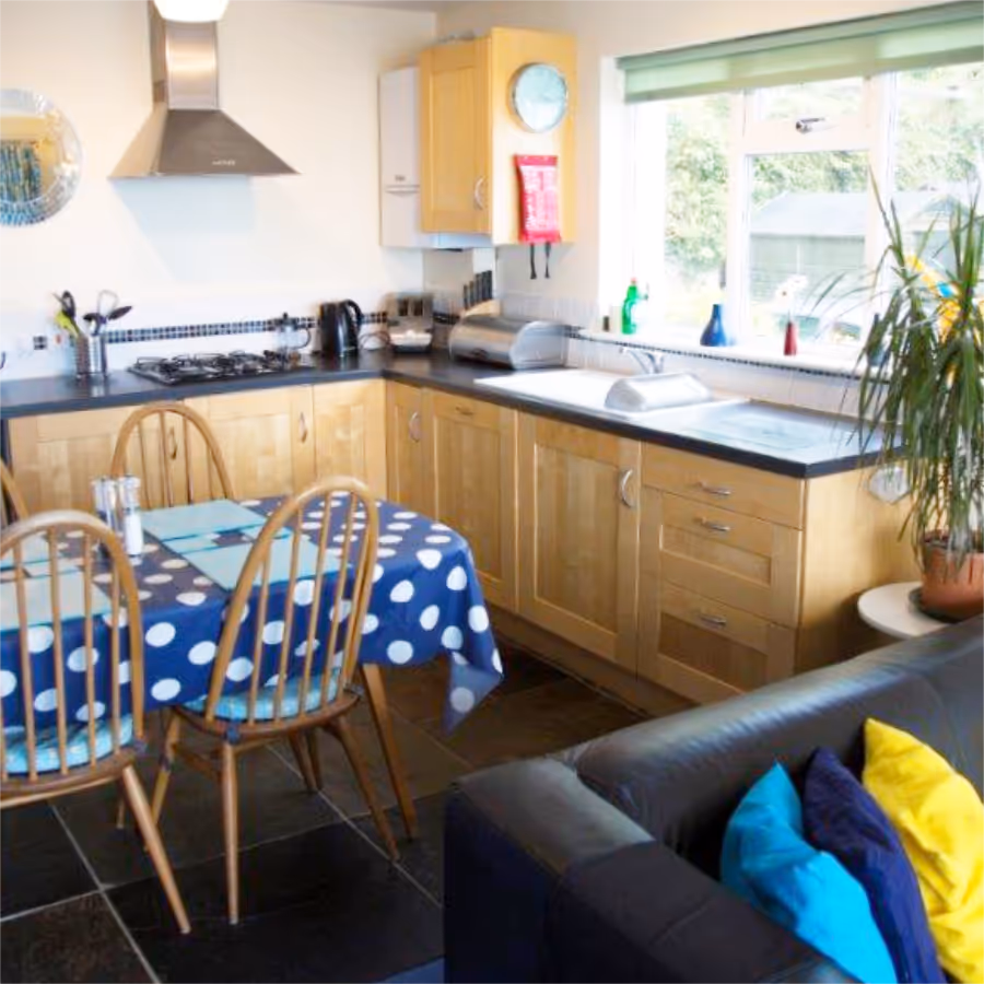 A natural beech kitchen with eating area