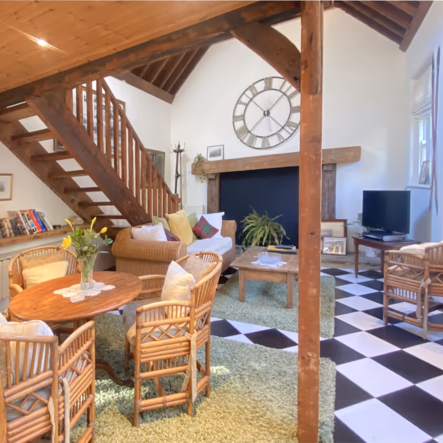 A living room in a converted barn