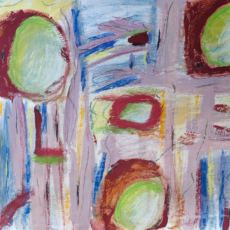 An abstract painting on red and green circles on a lilac background