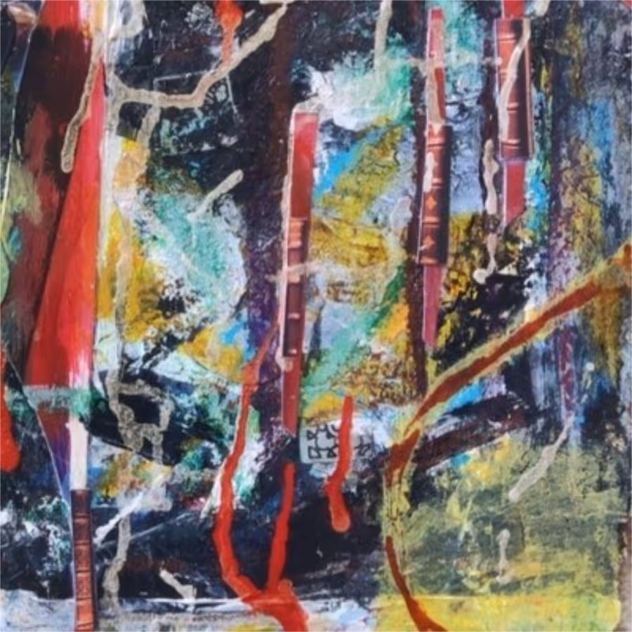 An abstract painting in grey red green and turquoise