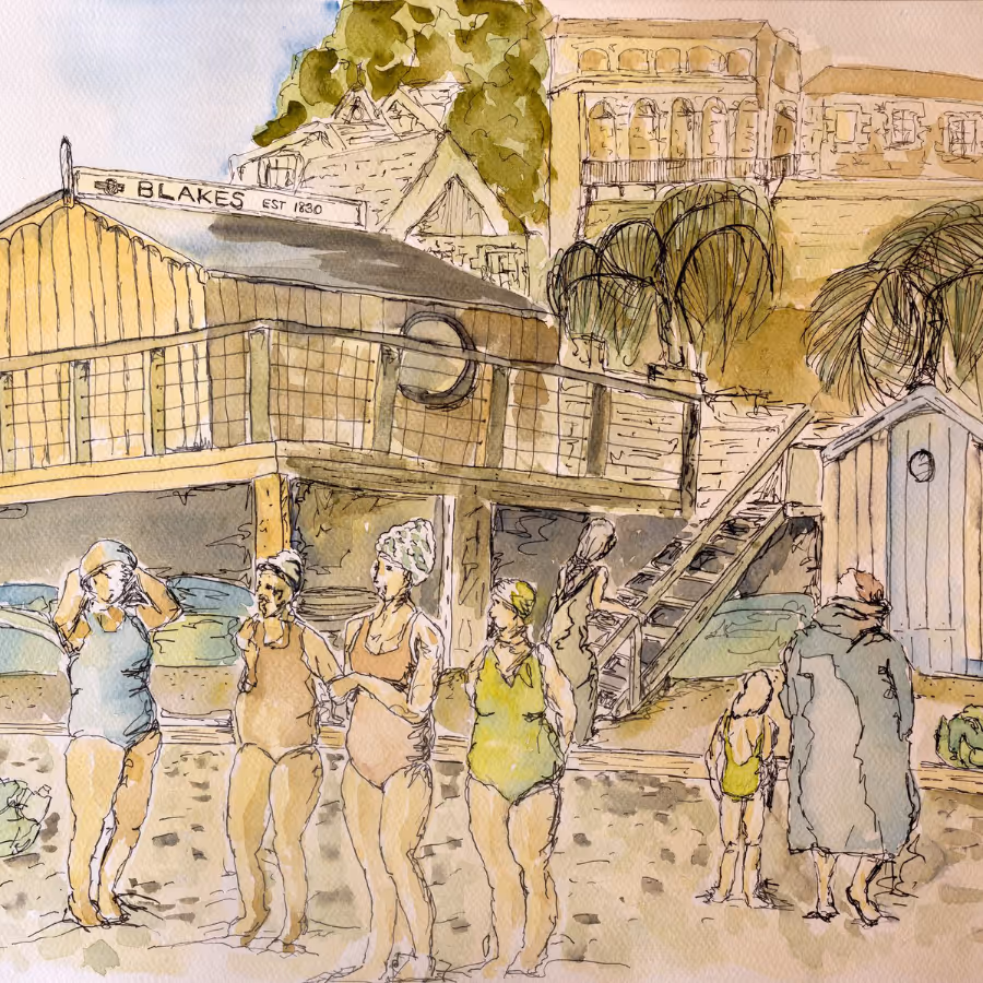 A watercolour painting of bathers on a beach