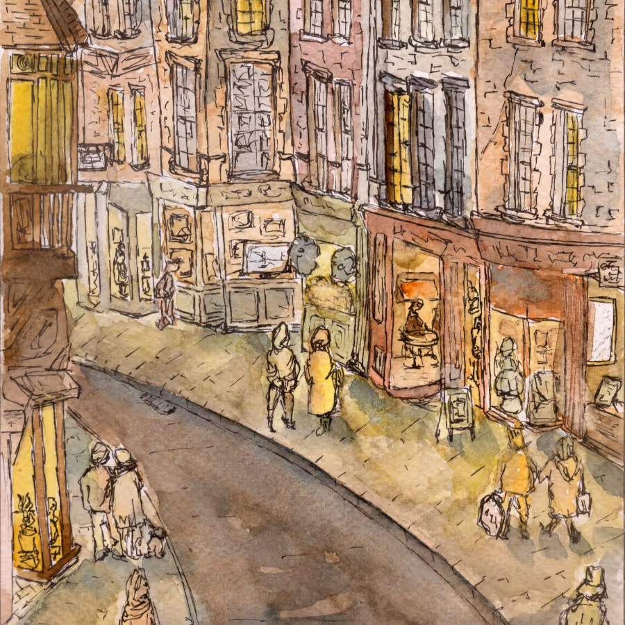 A watercolour painting of a high street