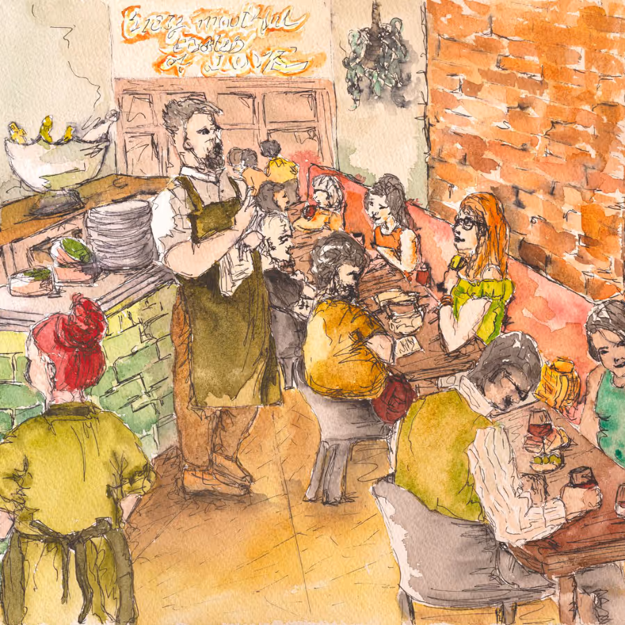 A watercolour painting of diners in a restaurant
