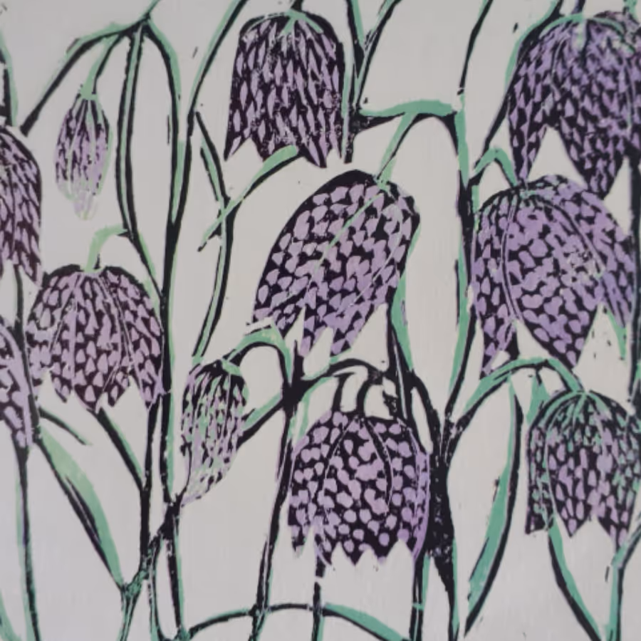 A linocut print of spring flowers