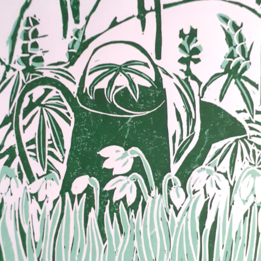 A linocut print of a watering can and some snowdrops
