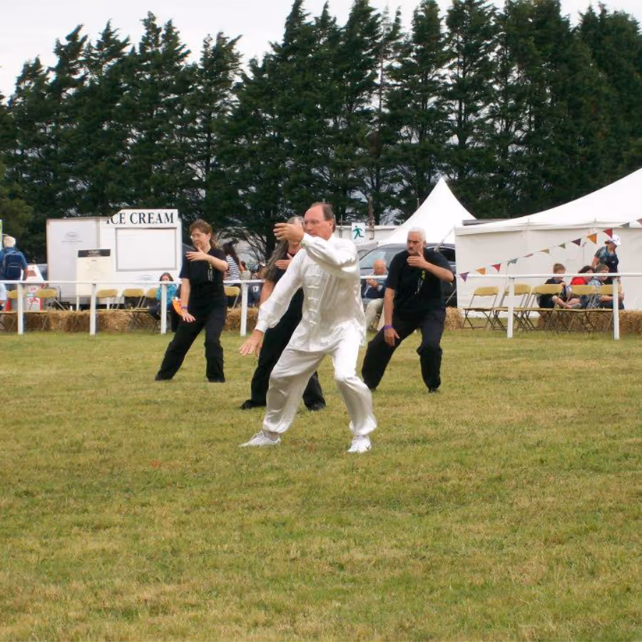 A man holding a outdoor tai chi class