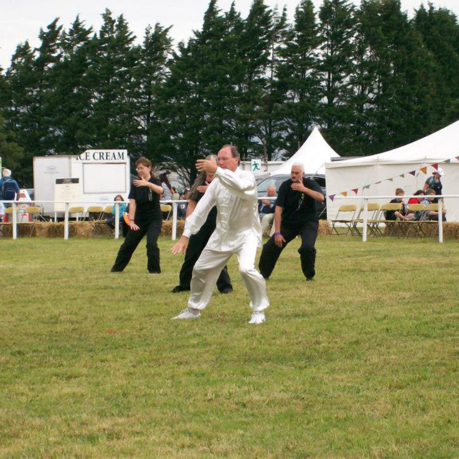 A man holding a outdoor tai chi class