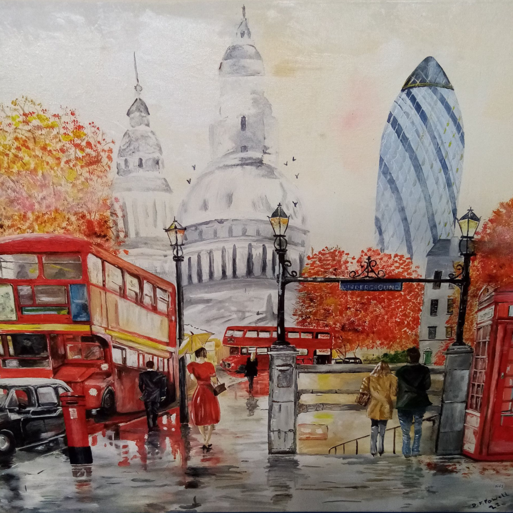 A painting of a London scene with iconic red buses