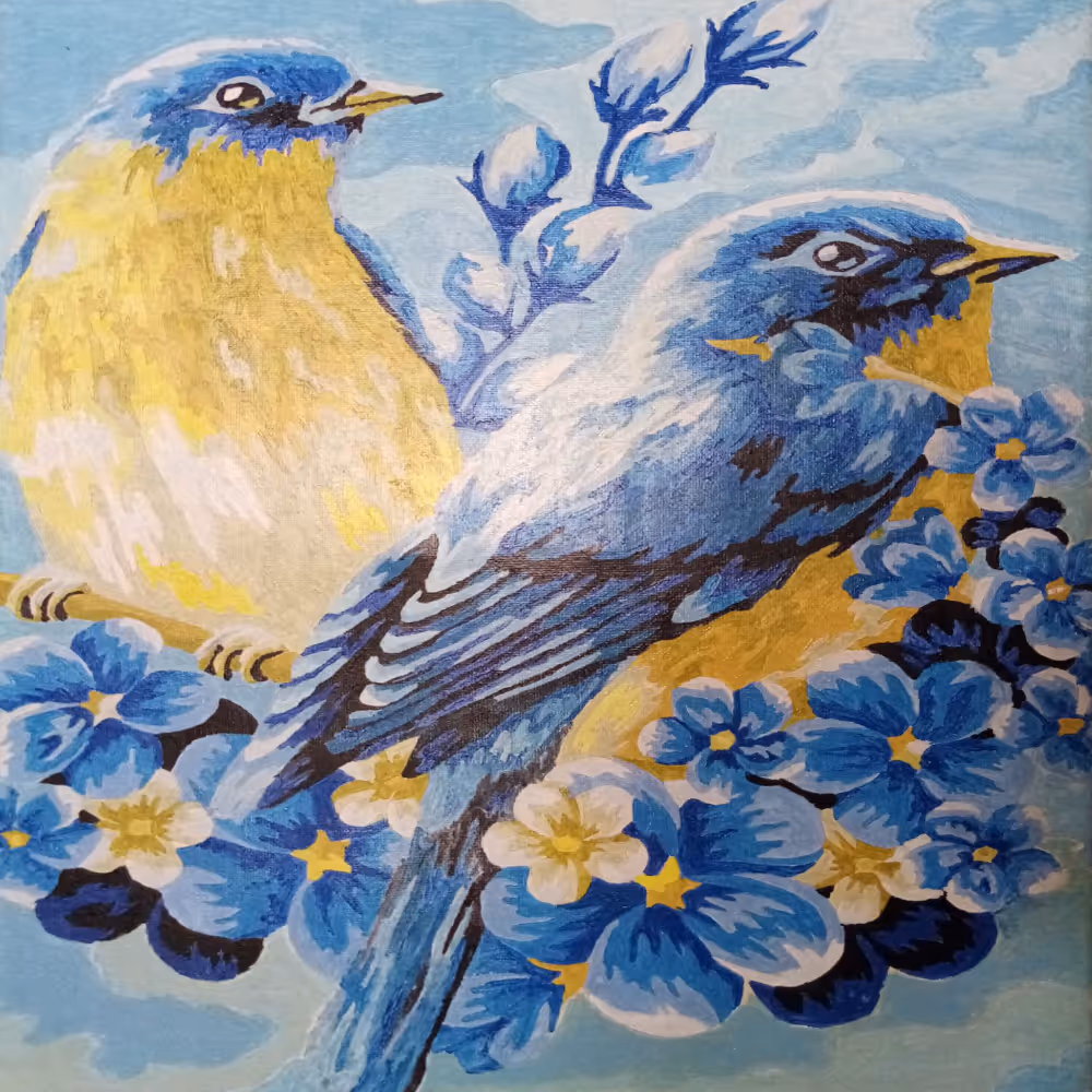 A painting of blue-tits.