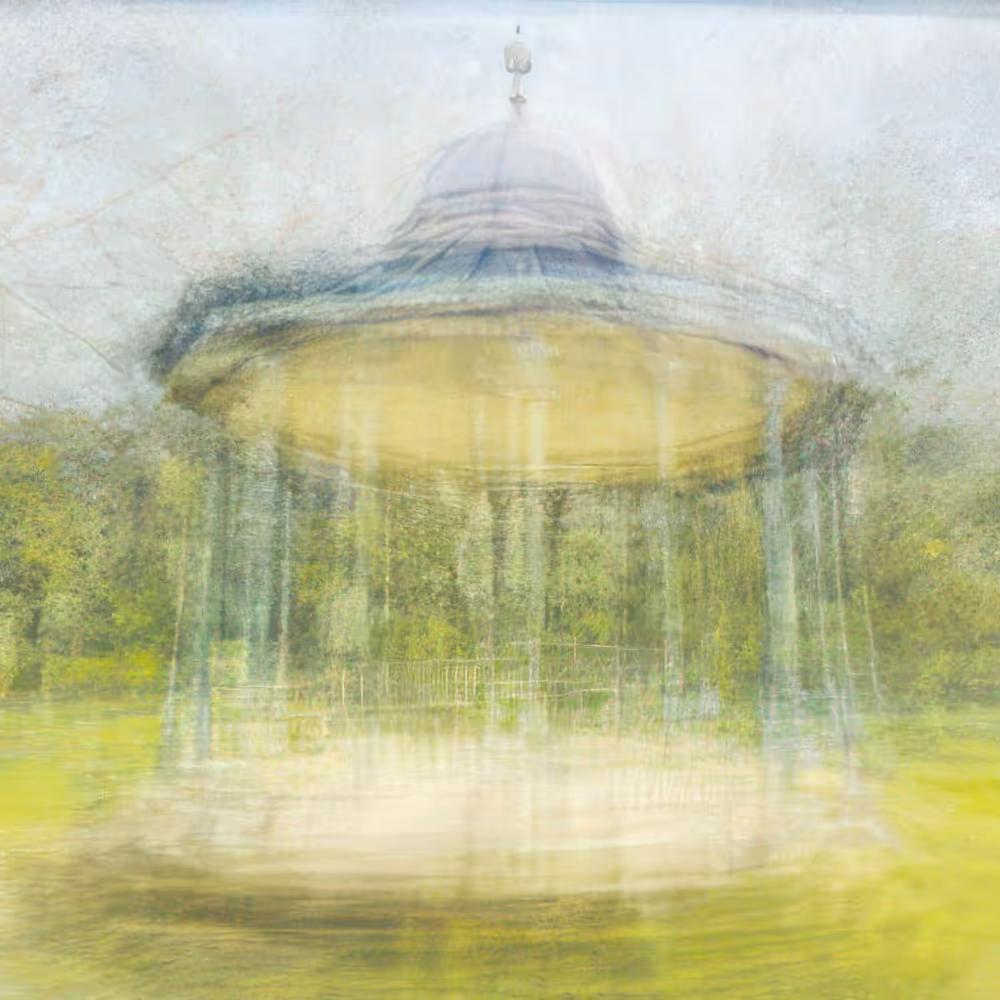 A painting of a bandstand in a park.