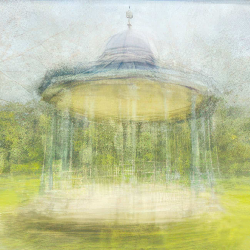 A painting of a bandstand in a park.