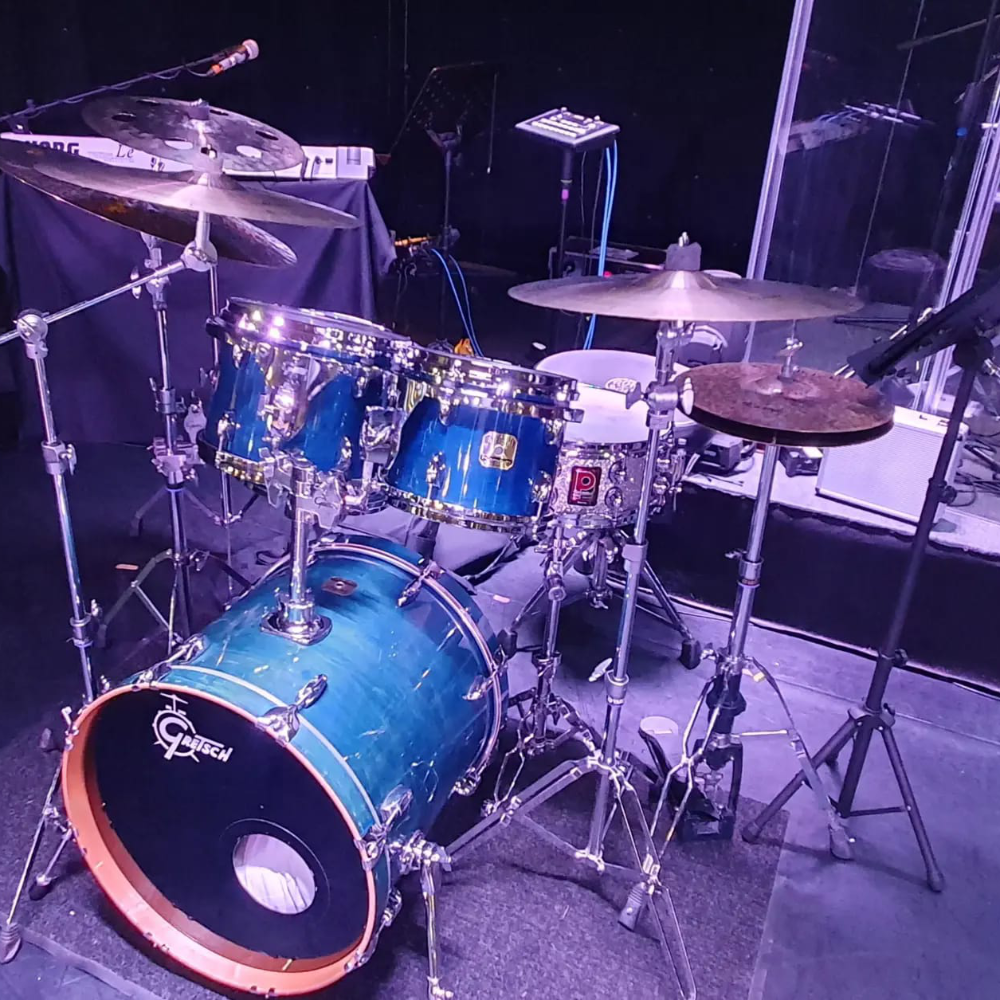 A metallic blue drum kit.