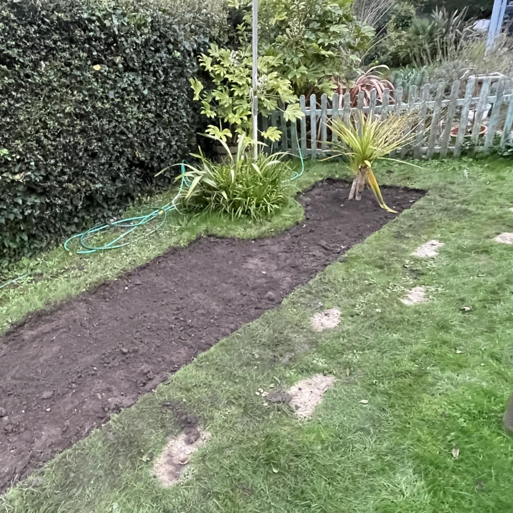 A newly dug flower bed in a garden.
