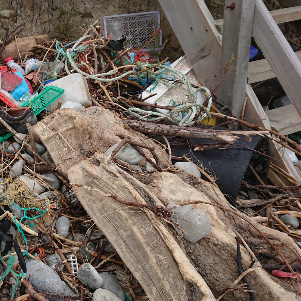 Discarded rubbish washed up on a beach.