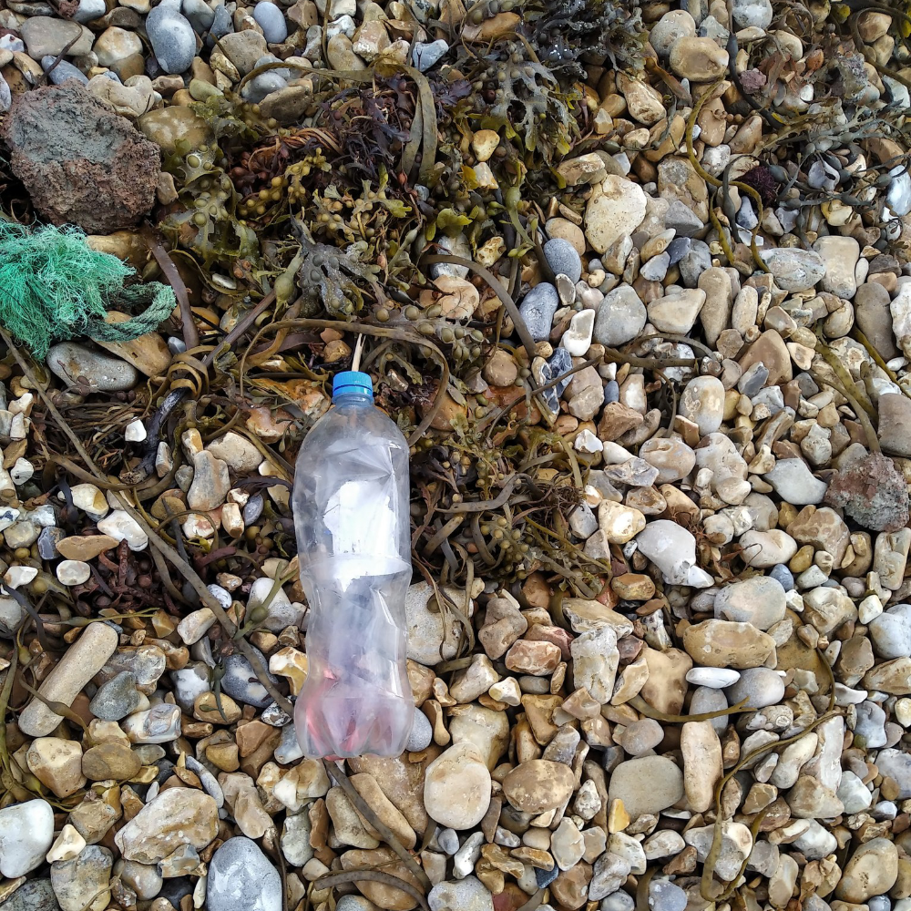 A discarded plastic bottle on a beach.