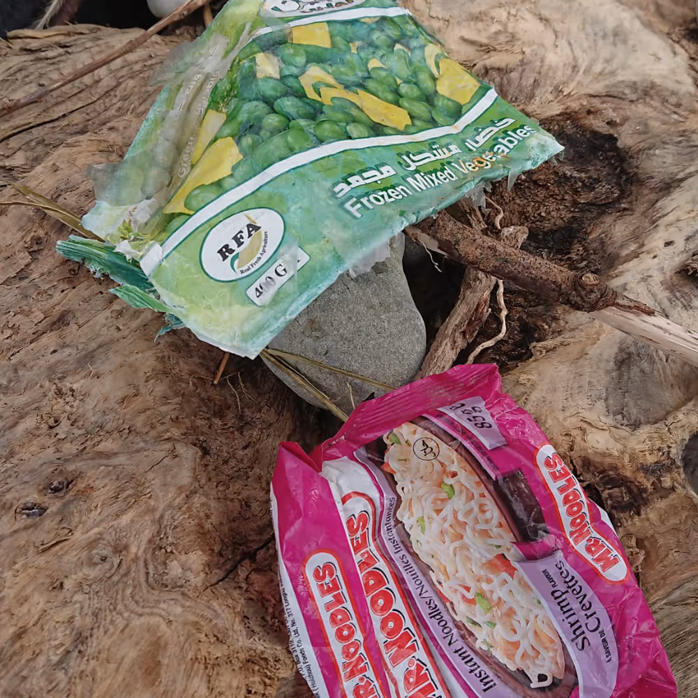 Discarded plastic bags on a beach.