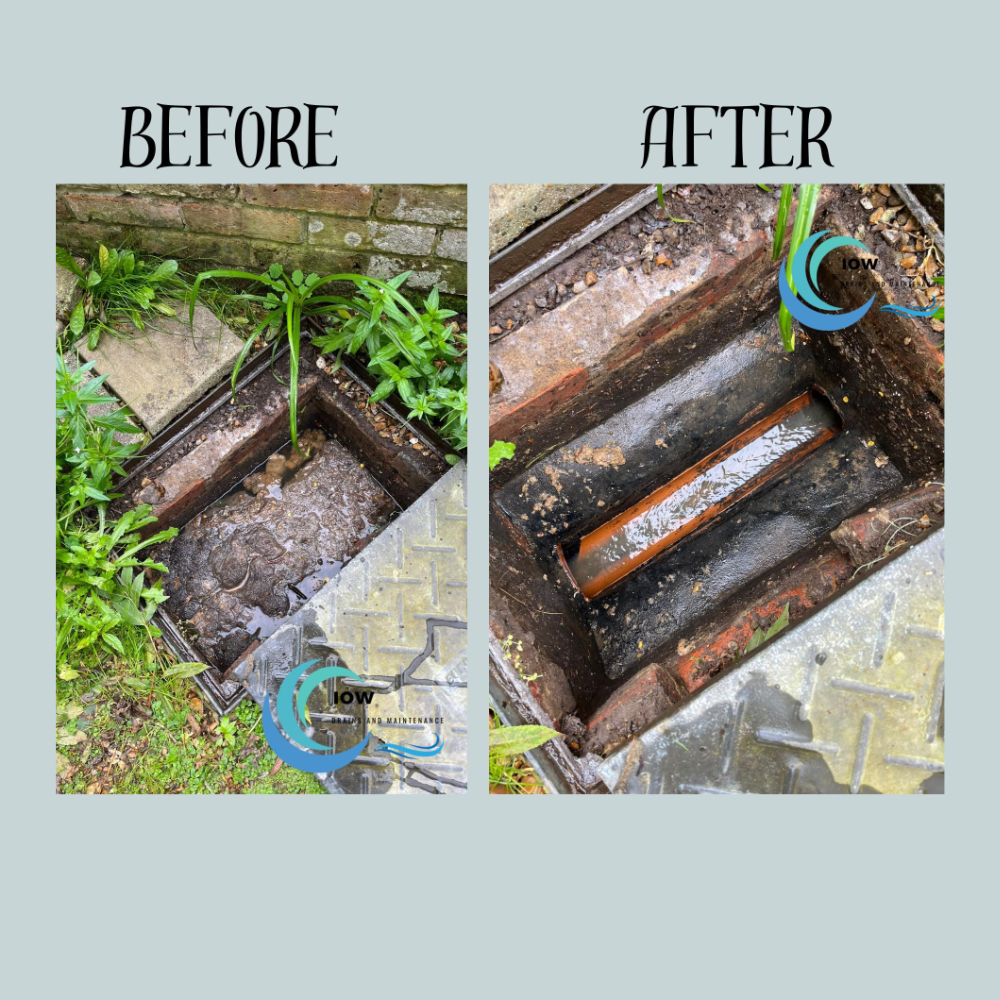 Before and after photos of a tree root removed from an underground drain