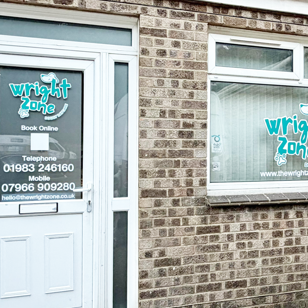 The exterior of a building housing a doggy day care company