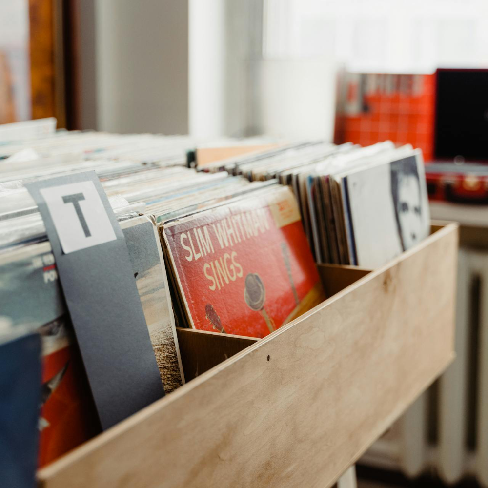 Vinyl records in a shop.