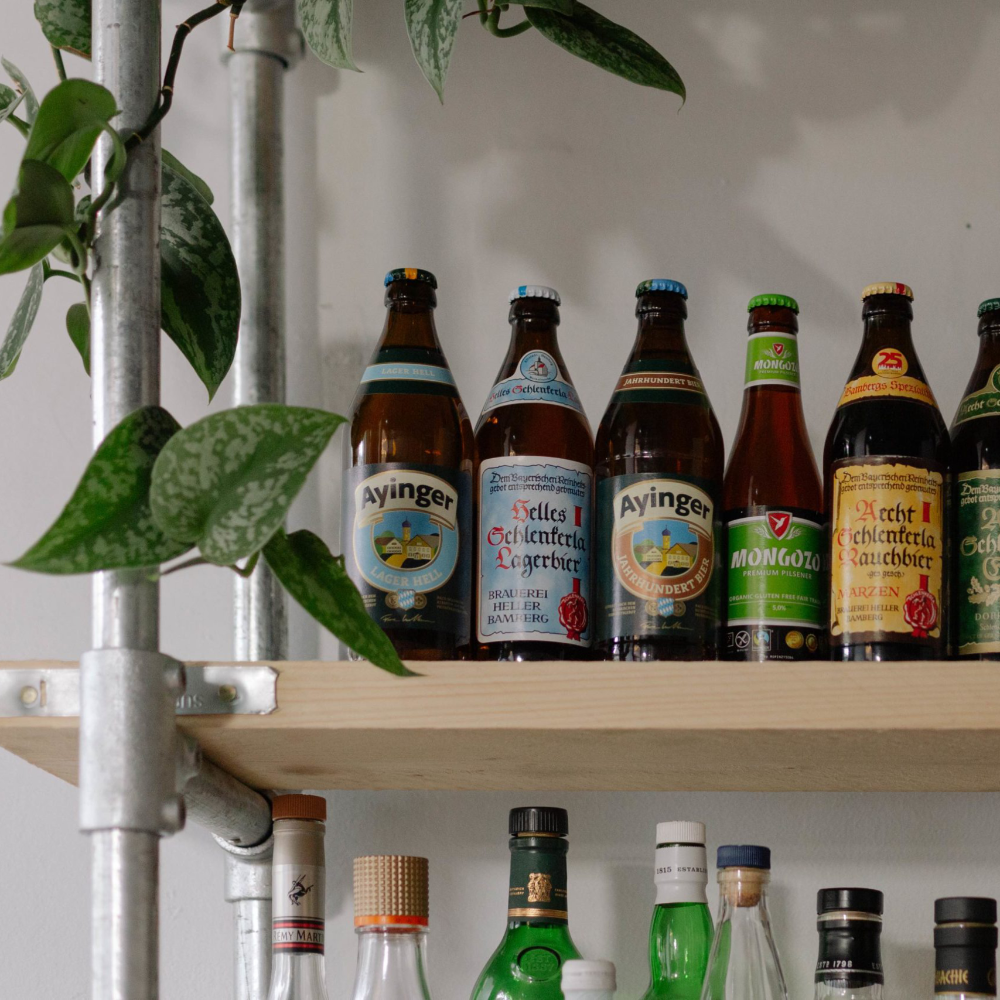 Bottled craft beers on a shelf.