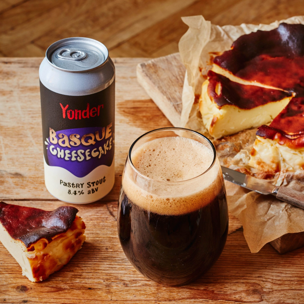 A can of cheesecake stout and a slice of cheesecake.