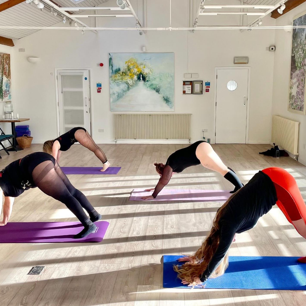 People in a unisex stretch class.