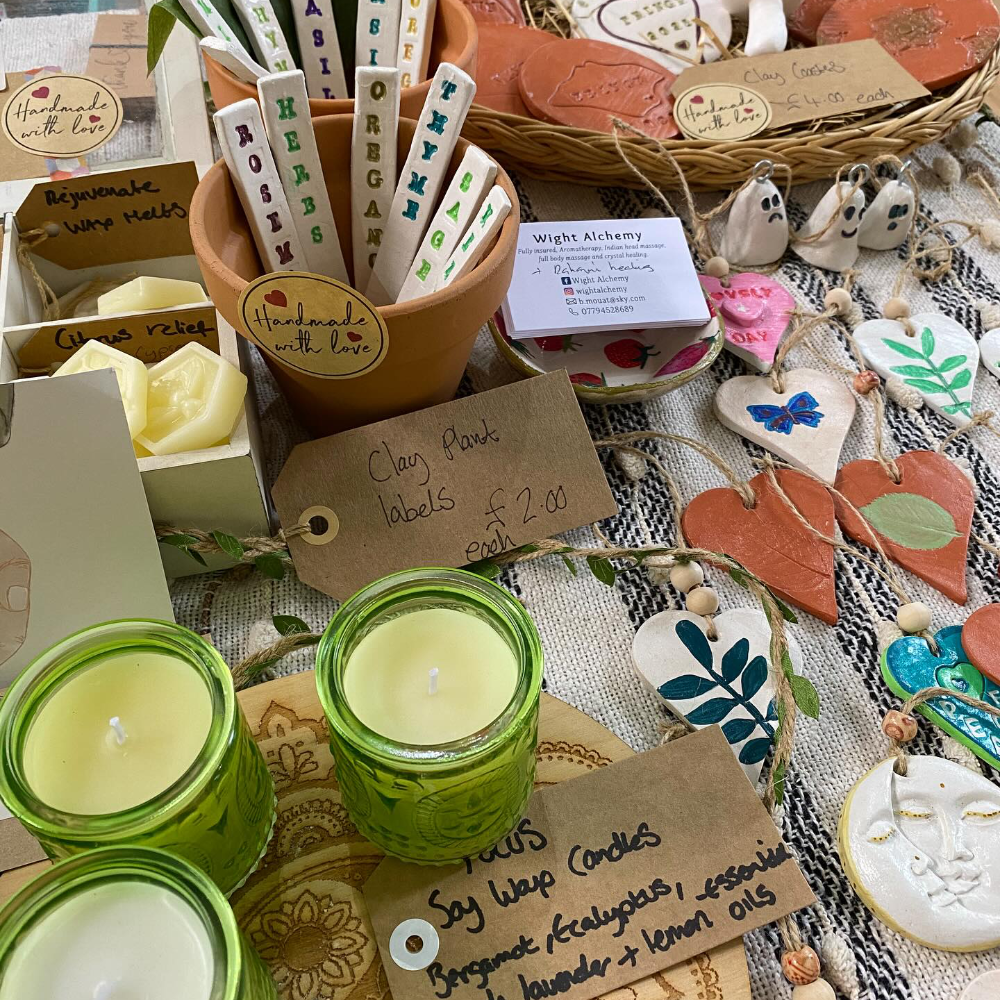 Aromatherapy products on a craft stall.