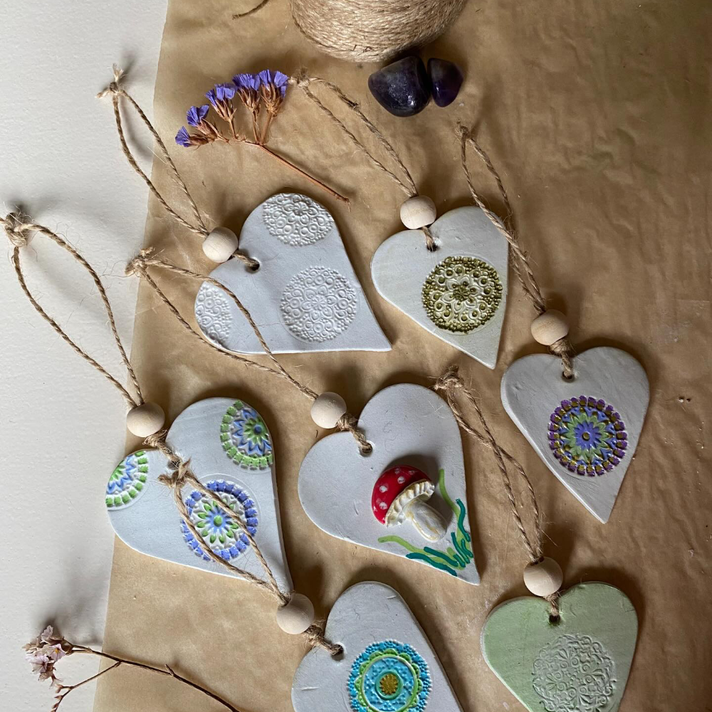 Ceramic heart hanging decorations.