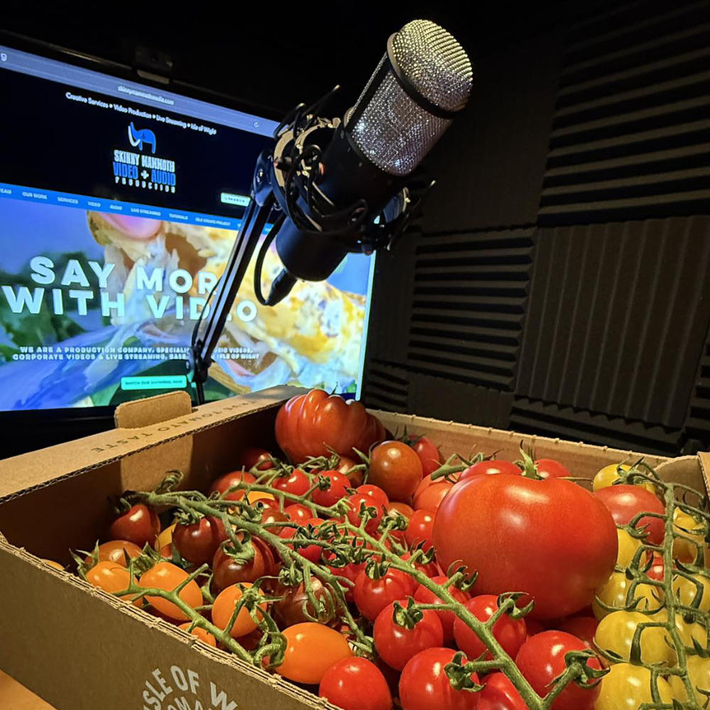 A box of tomatoes and a microphone.