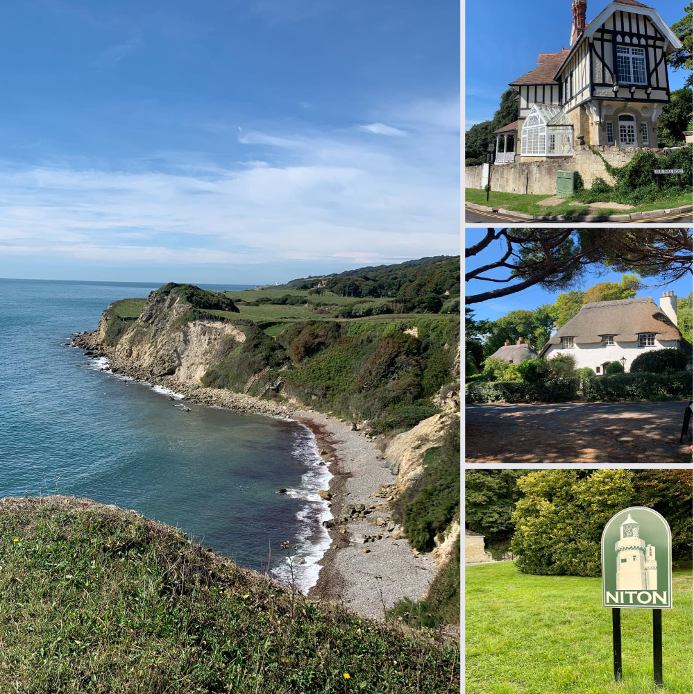 A montage of 4 photos portraying a village sign a rocky bay and two village houses.