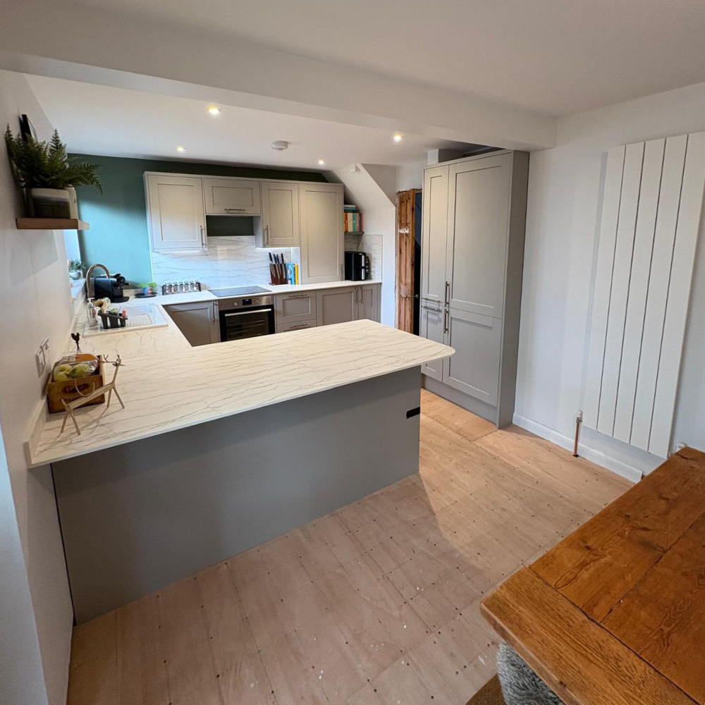 A grey kitchen.