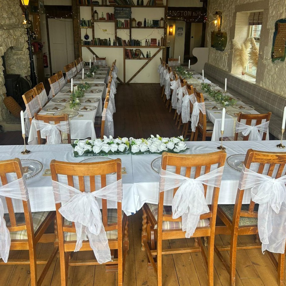 A room decorated for a wedding feast.